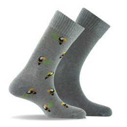Lot de 2 paires de mi-chaussettes fantaisies motif All over toucan et uni gris.