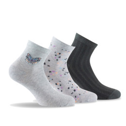 Lot de 3 paires de socquettes en coton papillons, confettis et unie coloris gris clair.